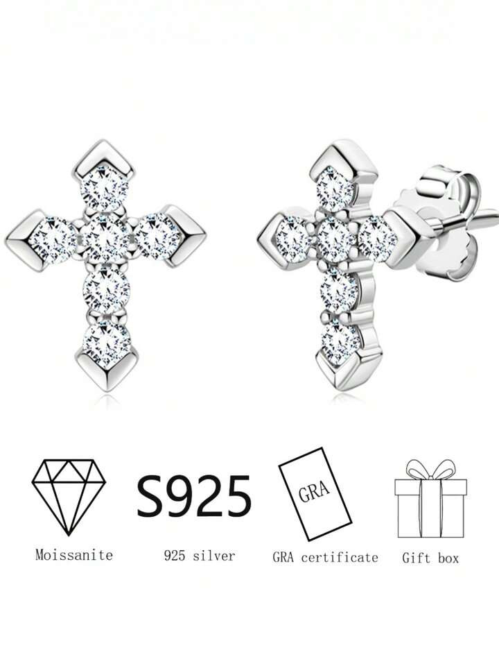 ConiiW 925 Silver 0.6 Carat*2 Moissanite Cross Earrings. Great Gift Choice, Valentine's Day, Moth... | SHEIN