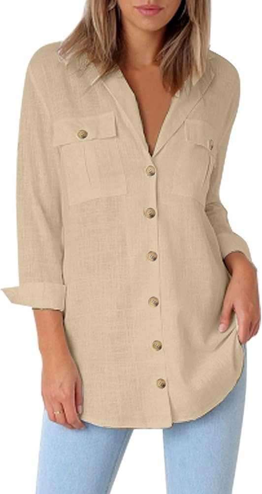GRAPENT Womens Casual Loose Roll-up Sleeve Blouse Pockets Button Down Shirts Tops | Amazon (US)