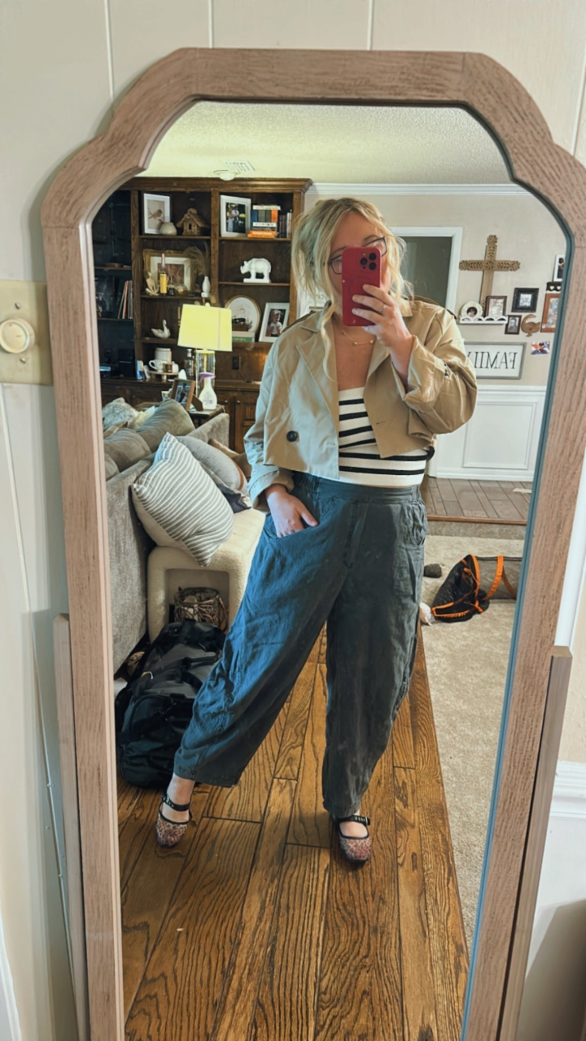 Cropped trench coat outfit for a chilly spring outfit day! #trenchcoat #springjacket #trenchjacket #strippedtop #freepeople #cheetah #cheetahshoes 

#LTKMidsize #LTKShoeCrush #LTKStyleTip
