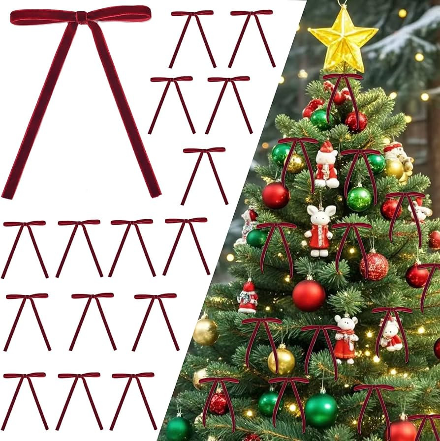 Spiritlele 30 Pcs Burgundy Christmas Bows for Christmas Tree Velvet Ribbon Bow Knot Vintage Wreat... | Amazon (US)