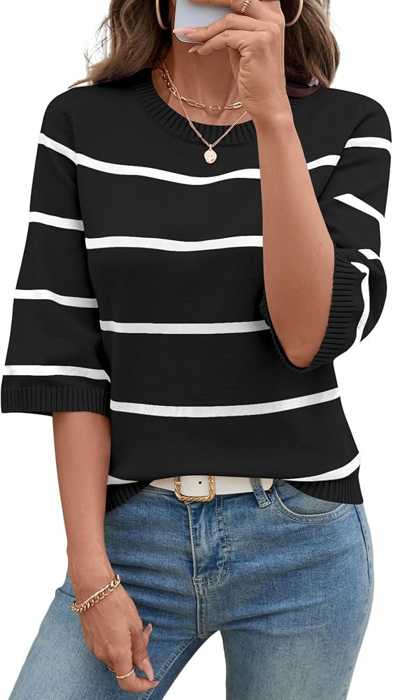 LOMON Womens Sweaters Casual Fall 2025 Crew Neck Striped 3/4 Sleeve Lightweight Knit Trendy Pullo... | Amazon (US)