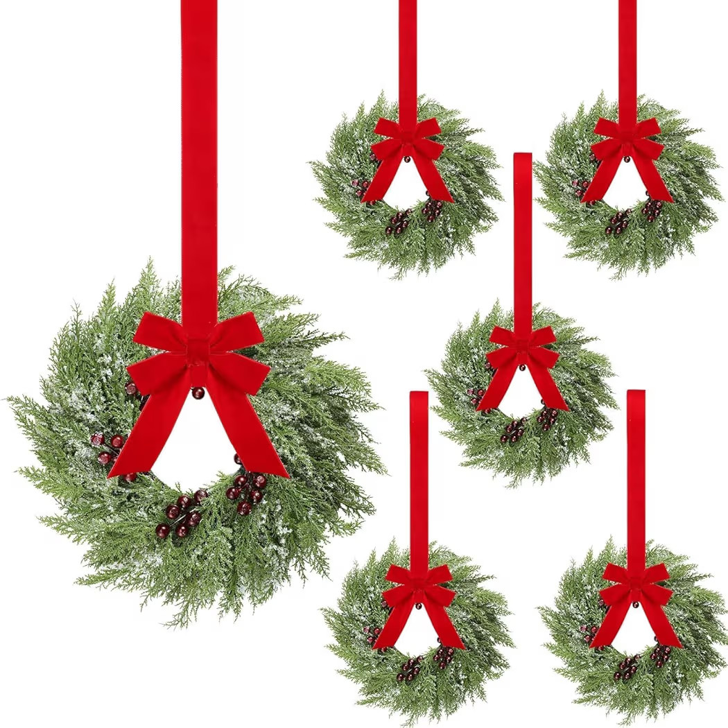 6Pcs Small Christmas Norfolk Wreaths,15in Mini Wreaths for Cabinets with Bow Ribbon Cedar Red Ber... | Amazon (US)