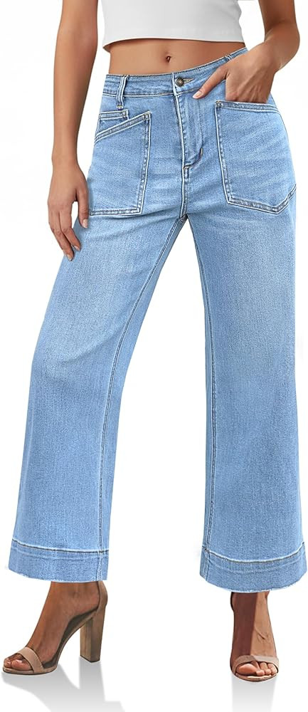 Cicy Bell Womens Wide Leg Jeans Trendy High Waisted Baggy Cropped Stretchy Frayed Ankle Denim Pan... | Amazon (US)