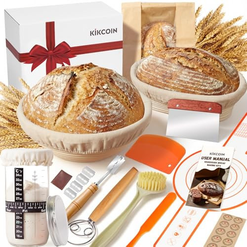 Kikcoin Sourdough Starter Kit, Complete Sourdough Bread Baking Supplies Includes 24oz Sourdough Starter Jar, Rattan Banneton Proofing Basket Set of 2, Artisan Bread Making Kit for Beginners & Pros | Amazon (US)