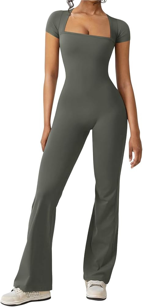 REORIA Women Sexy Square Neck Short Sleeve Bodycon Jumpsuit Full Length Stretchy One Piece Yoga F... | Amazon (US)