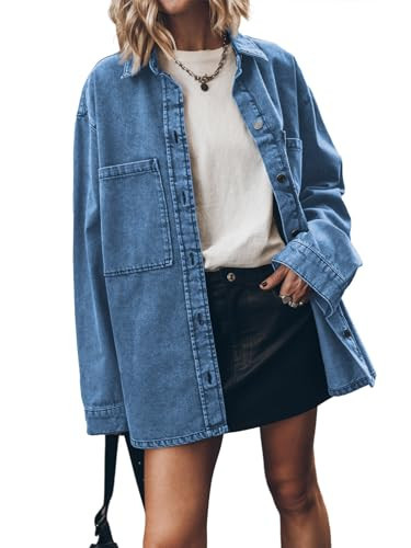 PLNOTME Womens Oversized Jean Jacket Casual Button Up Denim Overshirt Trendy Long Sleeve Denim Jacket Coat | Amazon (US)