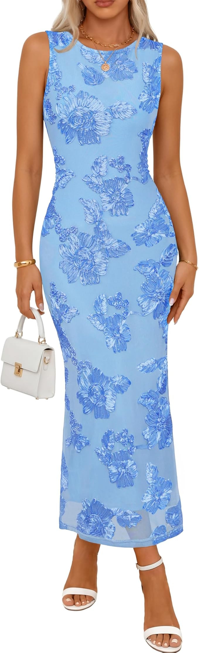 MEROKEETY Women's Summer Floral Bodycon Maxi Dress 2026 Slit Mesh Sleeveless Formal Wedding Guest... | Amazon (US)