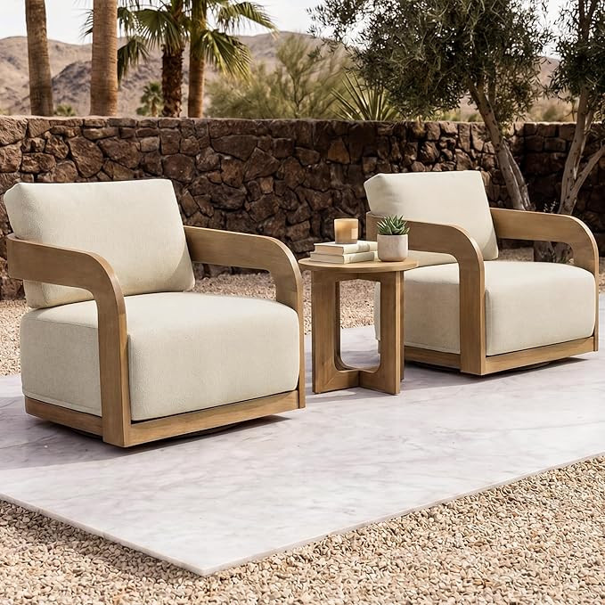 CHITA 3 Pieces Eucalyptus Patio Bistro Set, Outdoor Furniture Swivel Chairs & Side Table Set, Aca... | Amazon (US)