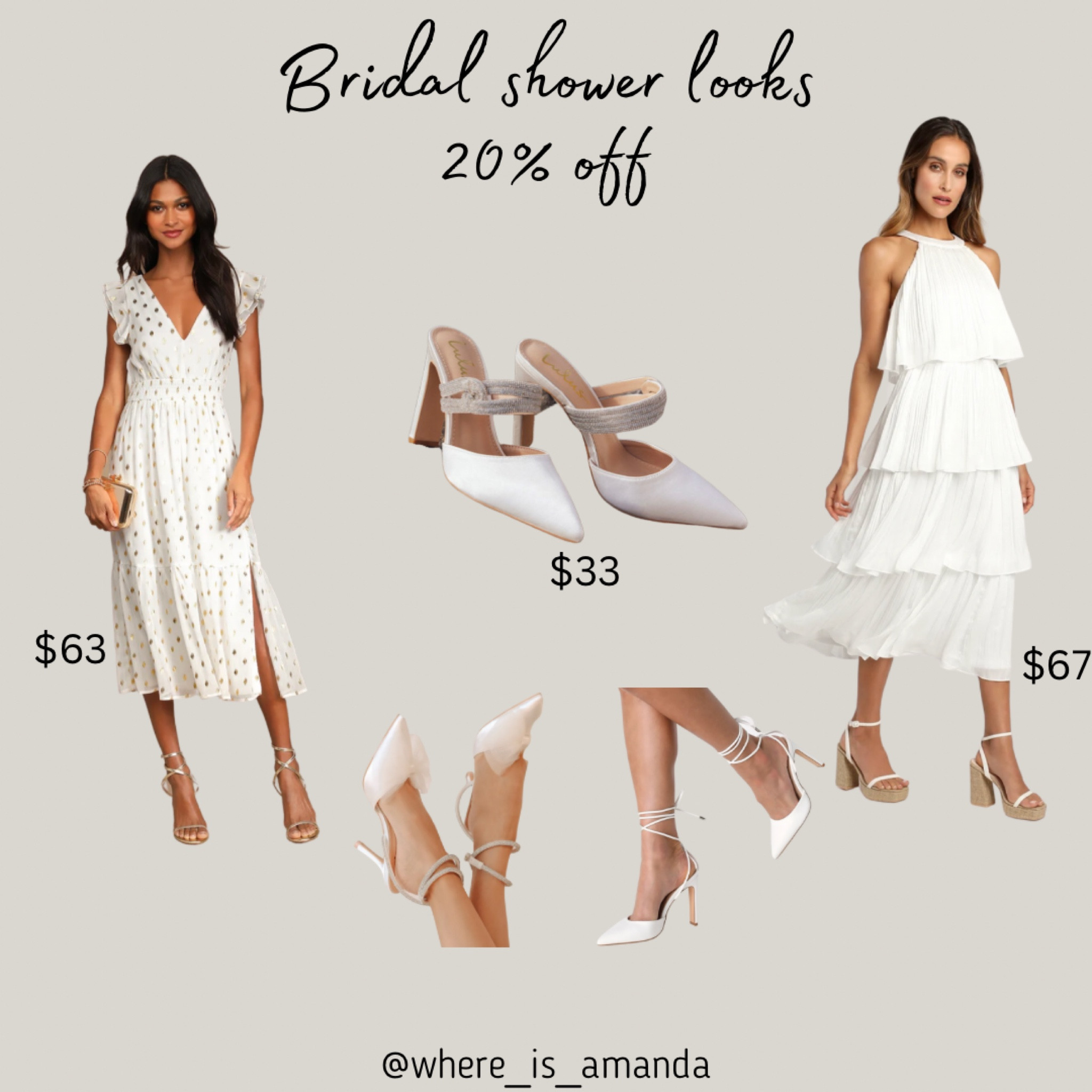 Bridal looks on sale. Everything 20% off with code: GIRLSRULE20

Bridal looks, bridal shower outfits, rehearsal dinner looks, bride picks, bridal shower, bridal luncheon, rehearsal dinner, wedding looks, white dress, midi dress, bridal shoes

#LTKunder100 #LTKwedding #LTKSale