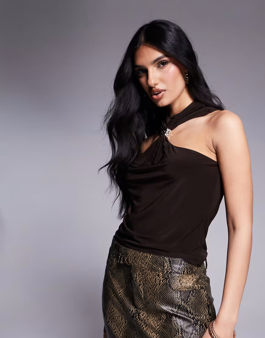 ASOS DESIGN slinky racer halter neck top with hardware detail in chocolate-Brown | ASOS (Global)