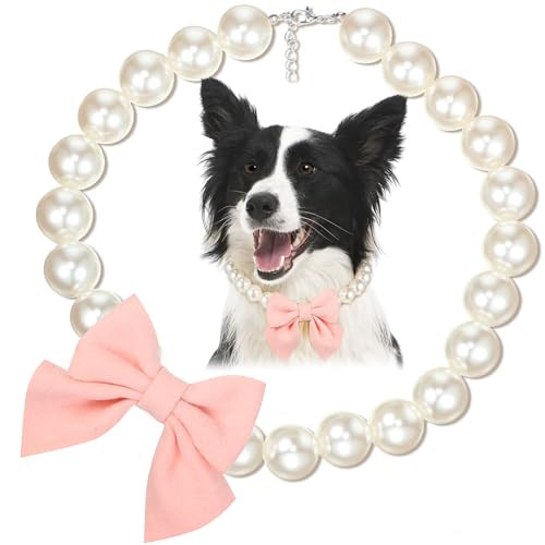 LEIFIDE Dog Pearls Collar Necklace Jewelry with Pink Bow Pendant Fancy Pearls Pet Collars Adjustable Dog Cat Necklace for Wedding Birthday Valentines Pet Grooming Party Costume Accessories(17 Inch) | Amazon (US)