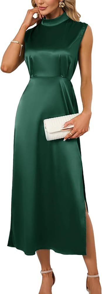 2023 Women's Summer Long Formal Satin Dress Mock Neck Sleeveless Side Slits Maxi Elegant Cocktail... | Amazon (US)
