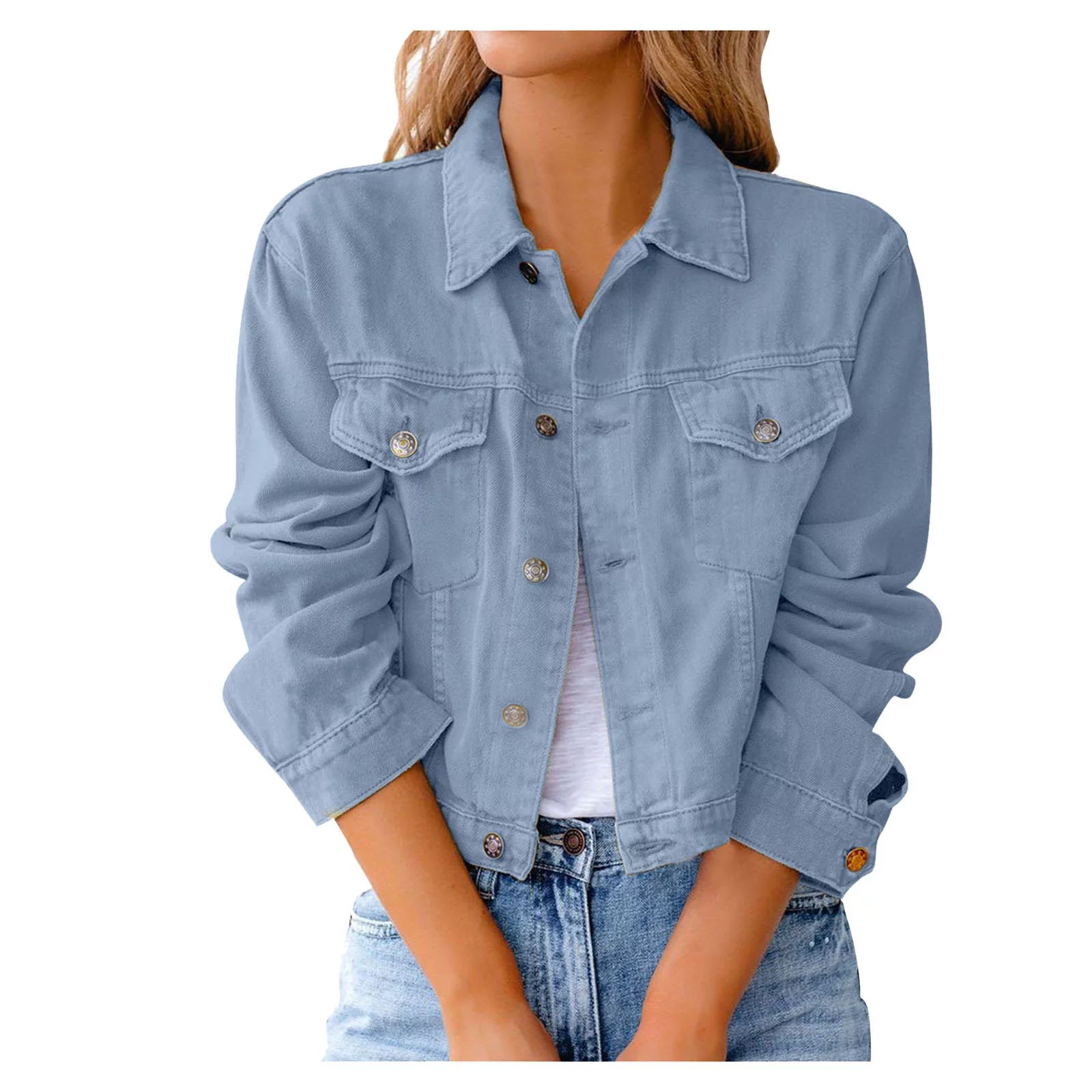 Women coat Women Vintage Button Down Distressed Short Denim Jean Jacket Coat With Pocket - Walmar... | Walmart (US)