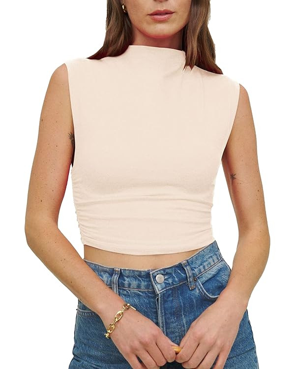 KAMISSY Women Workout Mock Neck Ruched Crop Tank Top Casual Turtleneck Sleeveless Slim Fitted Cro... | Amazon (US)