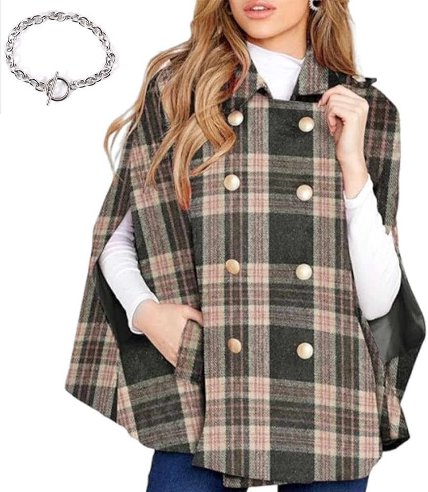 Women's Plaid Winter Cape Coat, Double Breasted Casual Oversized Jacket with Pockets Stylish Outw... | Amazon (US)