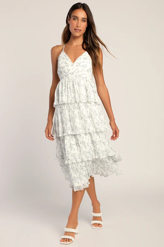 Petal Party White Floral Print Plisse Surplice Midi Dress | Lulus (US)