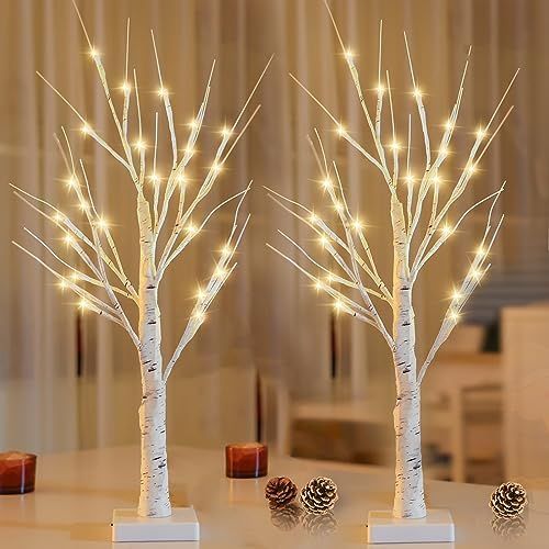 SANJICHA 2-Pack 2FT Lighted Birch Tree for Home Decor with Timer, Thanksgiving Christmas Table Decor Birch Tree with 48 LED Warm White Lights, Artificial Tree Light for Indoor Xmas Decorations Holiday Bedroom | Amazon (US)