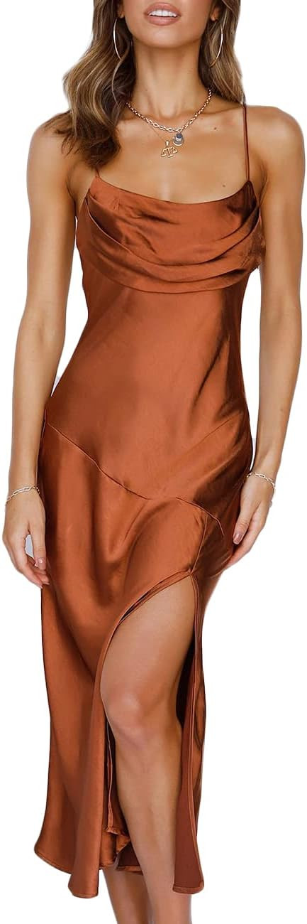 Satin Silk Slip Maxi Dress for Wedding Guest Women- Cowl Neck Pleated Bust Split Wedding Guest Co... | Amazon (US)