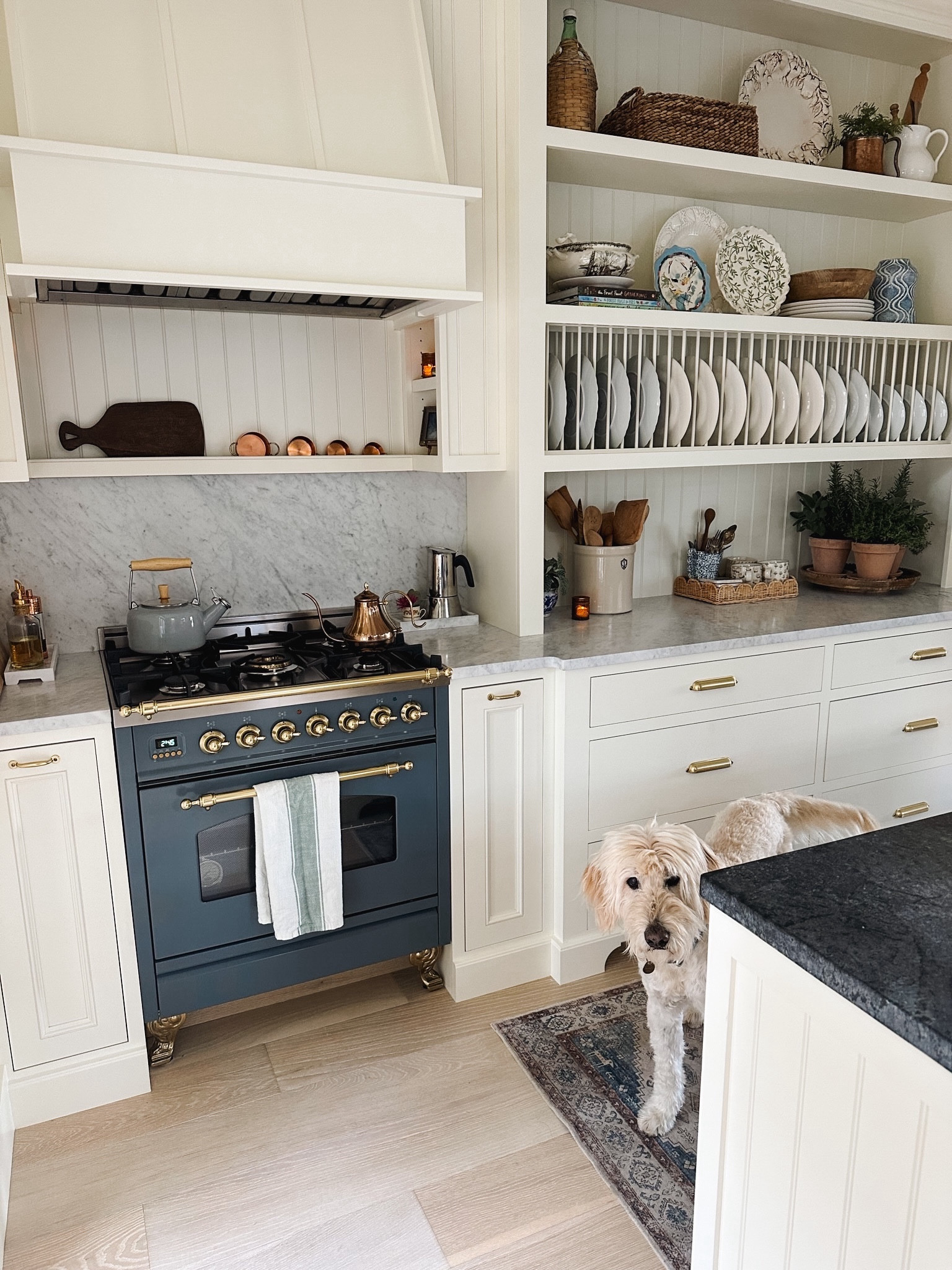 Coastal cottage kitchen - Ilve range stove, hot water kettle, stoneware crock, brass hardware, marble tray, rattan scalloped tray and more

#LTKhome #LTKstyletip #LTKsalealert