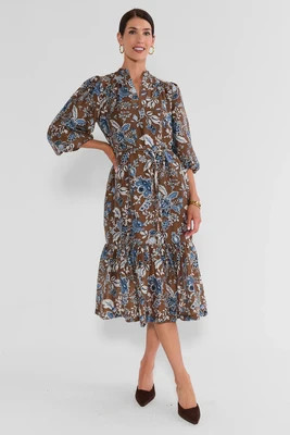 Brown Floral Belted Midi Dress | Avara