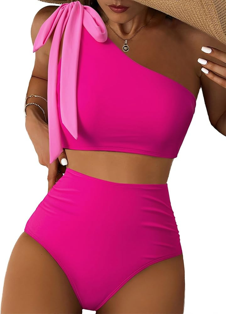 Herseas Women's One Bow Shoulder Bikini Sets 2 Piece Ruched Swimsuit Elegant Bathing Suit | Amazon (US)