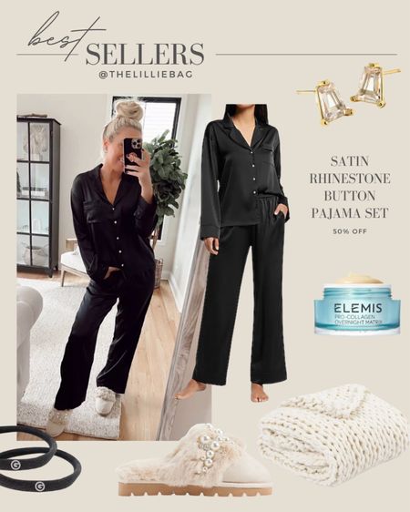 Bestseller: Satin rhinestone pajama set. PJs and slippers on sale for 50% off! CUTE and feel luxurious. Wearing small. Gifts for her. Bridesmaids gifts. Holiday pjs  

#LTKsalealert #LTKstyletip #LTKHoliday