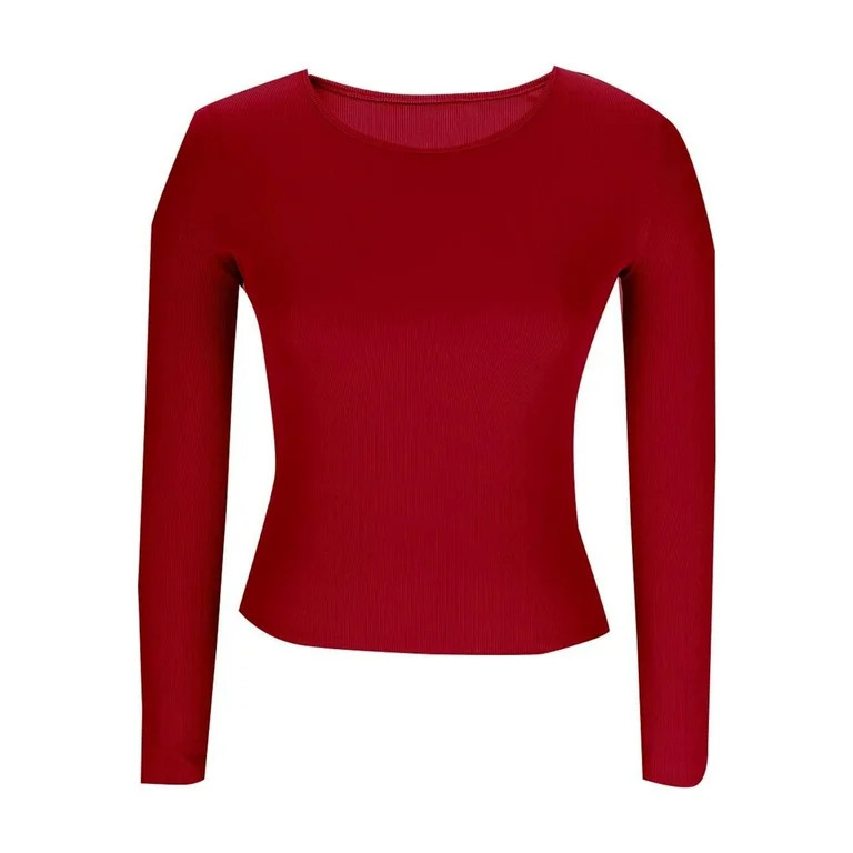 Byworldtasic No Boundaries Ribbed Long Sleeve Tops for Women Crew Neck Slim Fit Undershirts Knit ... | Walmart (US)