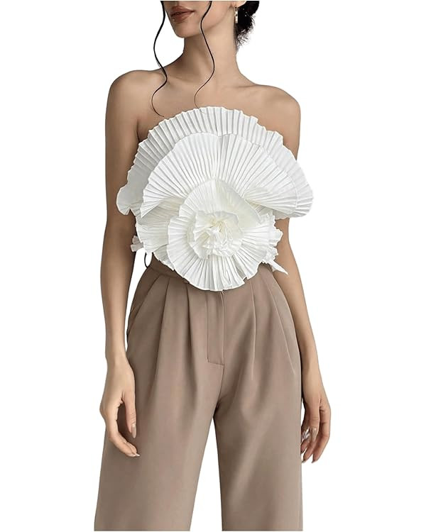 GORGLITTER Women's 3D Flower Crop Strapless Bandeau Pleated Sleeveless Tube Top | Amazon (US)