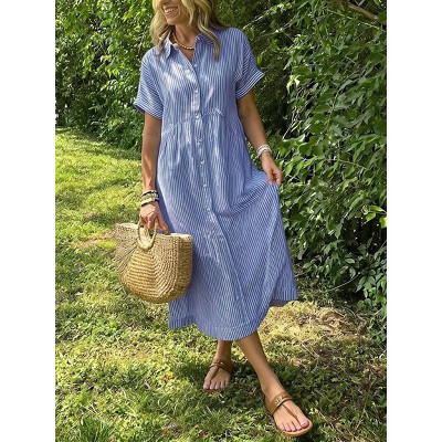 Women Oversized Plus Size Striped Short Sleeve Shirt Dress Casual Linen Cotton Midi Dress Blue,XXL | Target