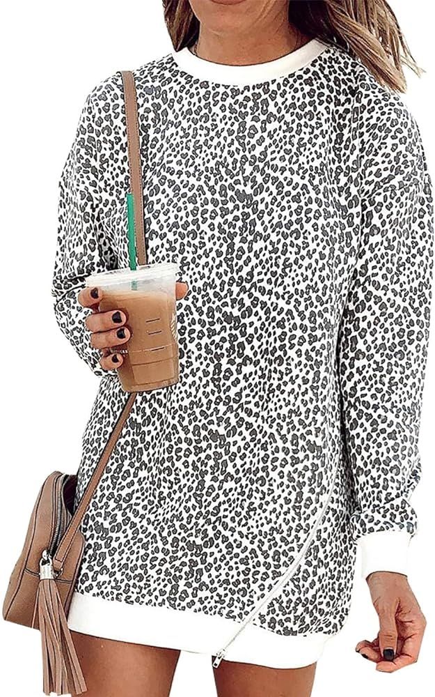 BTFBM Women Trendy Leopard Print Relaxed Fit Long T Shirt Tunic Zipper Casual Lightweight Sweatsh... | Amazon (US)