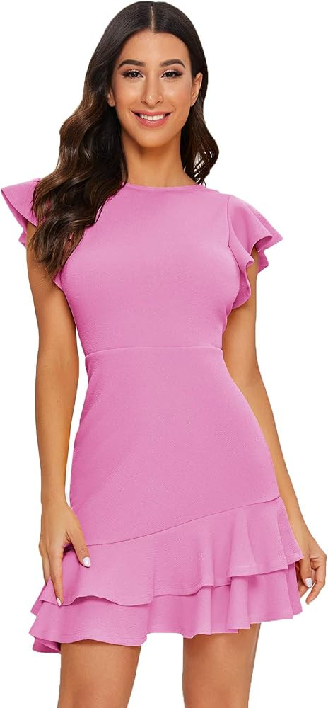 Floerns Women's V Back Inslace Layered Ruffle Hem Flutter Sleeve Dress | Amazon (US)