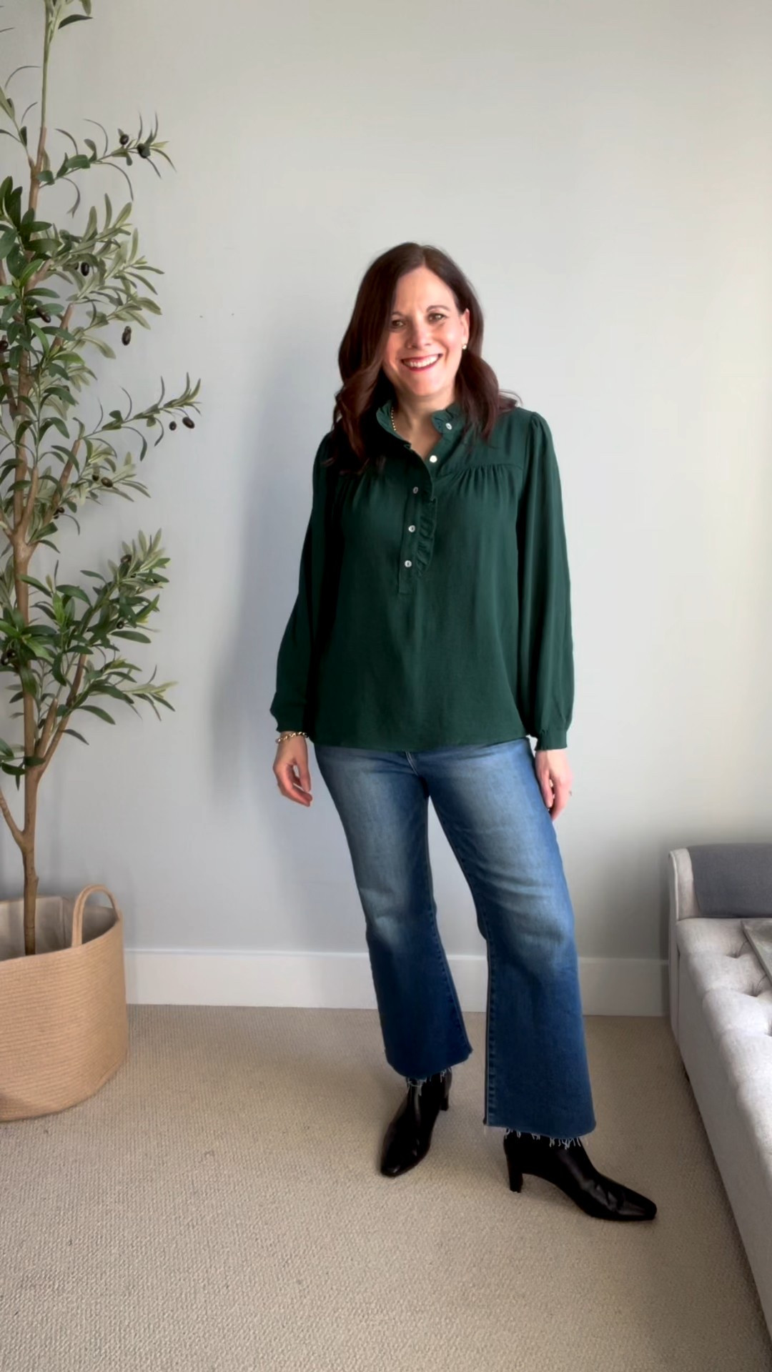 You’re not seeing double… I have this Social Threads blouse in two colors now (red and green). I love it untucked or tucked. It fits TTS, I’m in a Small. I’ll layer a v-neck long sleeve tee under them or a cardigan over them for more warmth on a very chilly day. 

These Risen kick crop jeans (TTS) have been on repeat over here. I love the built in tummy control and how soft and comfy they are. 

📏For reference, I’m midsized, 5’6”, slightly short-waisted, 36-B bust, and wear a small or medium top with size 10 jeans. 

#LTKMidsize #LTKOver40 #LTKHoliday