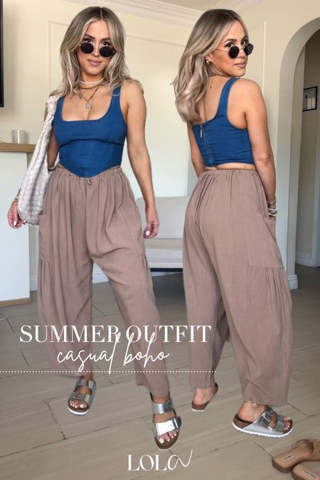 Summer outfit on repeat 🥰☀️ 

Beyond obsessed with styling these linen drawstring comfy boho pants 🙌🏼

✔️ wearing them in size small in the color Coffee | these cans are very oversize and naturally baggy! 
✔️ corset is size small it's one of my favorite summer pieces! 
✔️ the original sandal is Birkenstock, but I linked nearly identical ones from Amazon that are a fraction of the price! 

#LTKU #LTKFindsUnder50 #LTKStyleTip