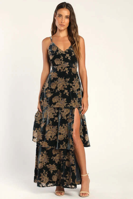 I Love You Amore Slate Blue Floral Velvet Tiered Maxi Dress | Lulus (US)