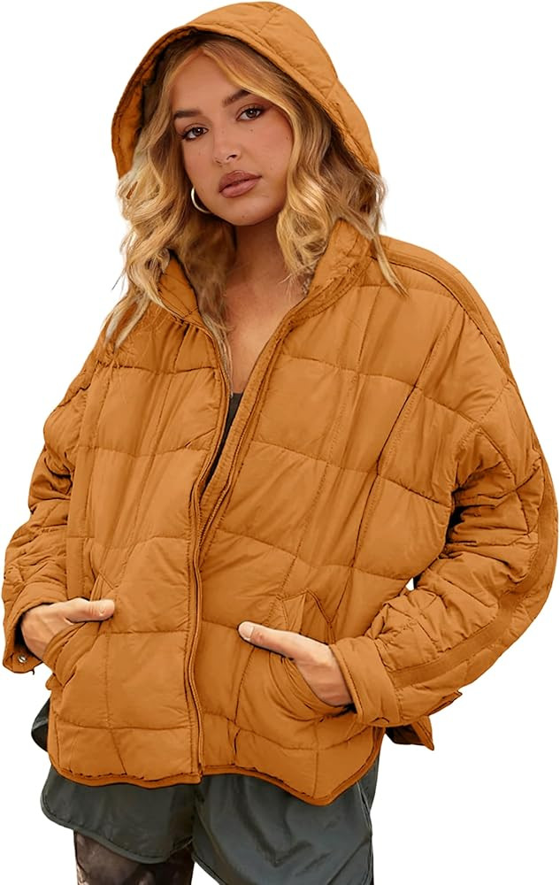 Bianstore Womens Oversized Splice Quilted Lightweight Hooded Puffer Jacket Casual Padded Coat | Amazon (US)