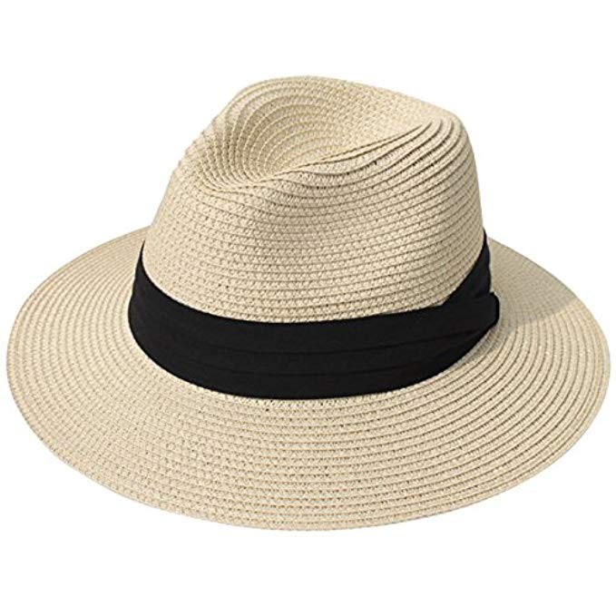 Lanzom Women Wide Brim Straw Panama Roll up Hat Fedora Beach Sun Hat UPF50+ | Amazon (US)