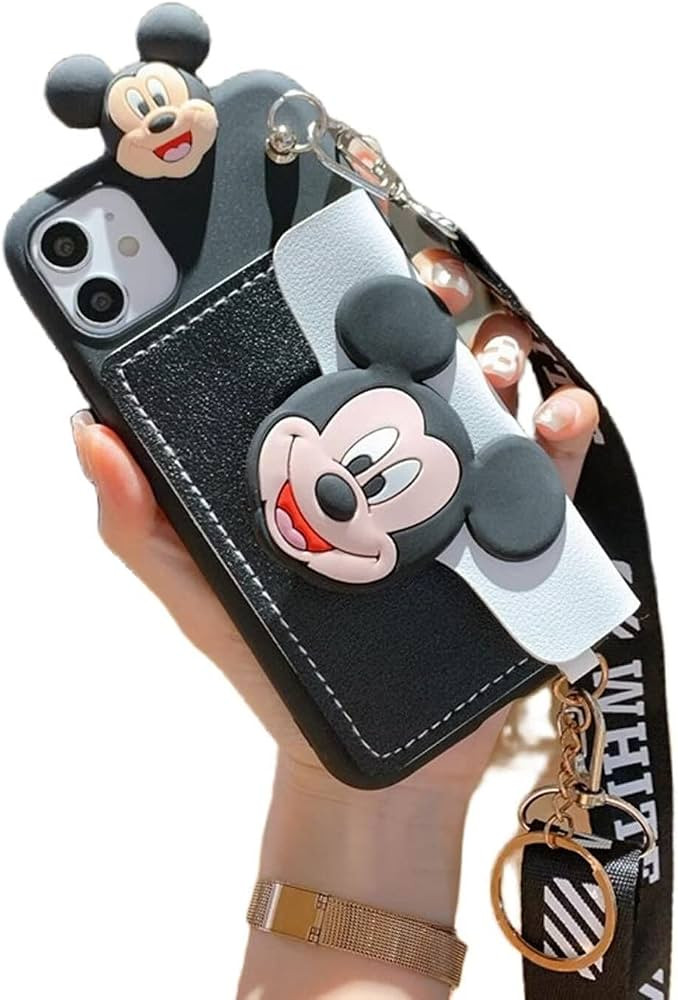 Threesee for iPhone 14 Pro Max Case,Puppy Mickey Minnie Mouse Cute Cartoon Card Bag Oblique Strad... | Amazon (US)