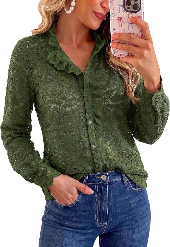 PRETTYGARDEN Women Lace Tops Button Down Long Sleeve Shirts | Amazon (US)