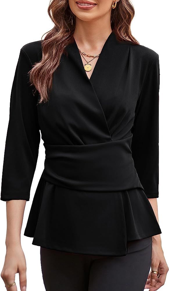 Women's 2023 Peplum Tops Wrap V Neck 3/4 Sleeve Work Business Blouse Solid Tie Waist Dressy Casual S | Amazon (US)
