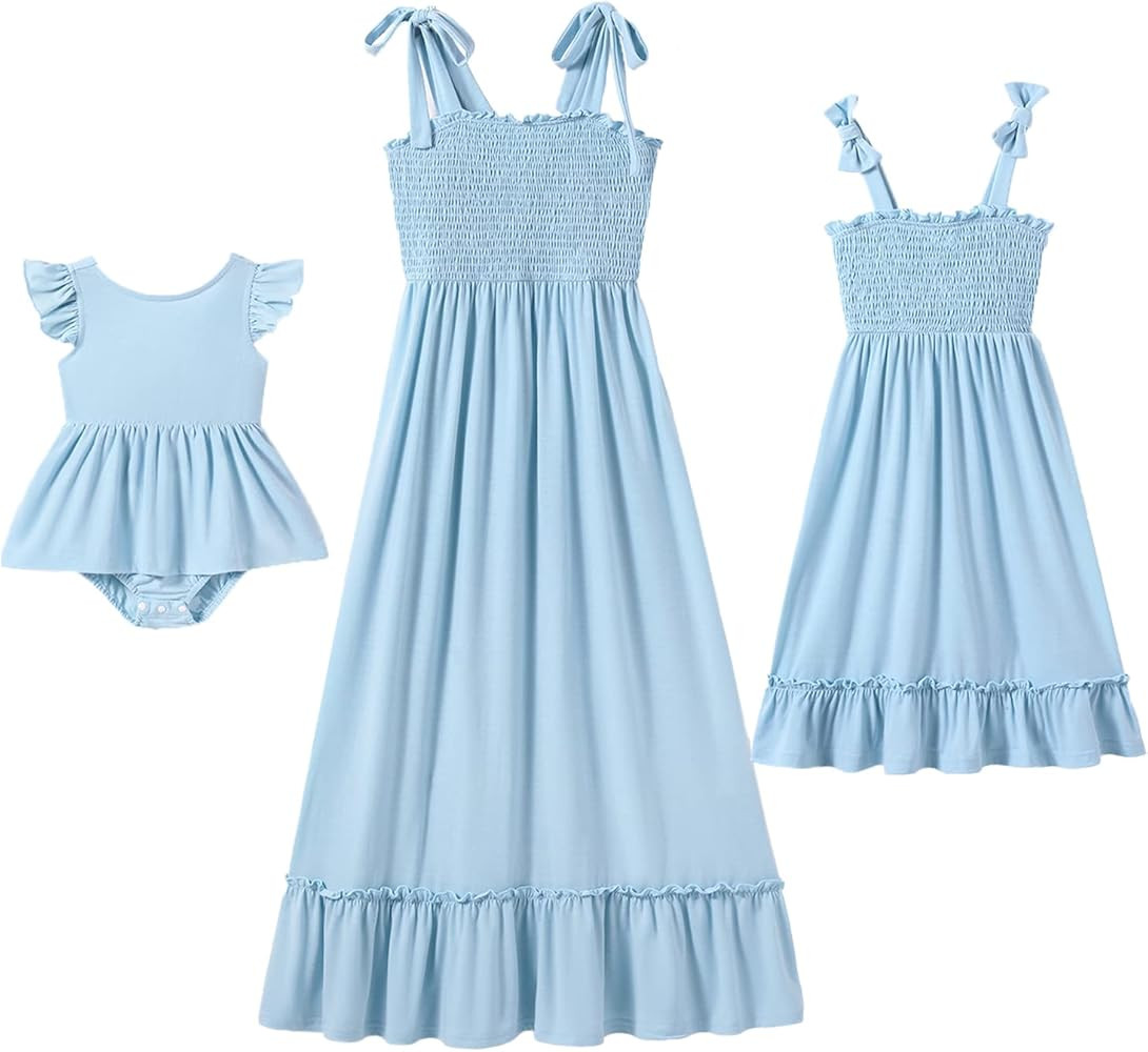 IFFEI Mommy and Me Dresses Summer Matching Outfits Spaghetti Strap Square Neck Ruffle A Line Beac... | Amazon (US)