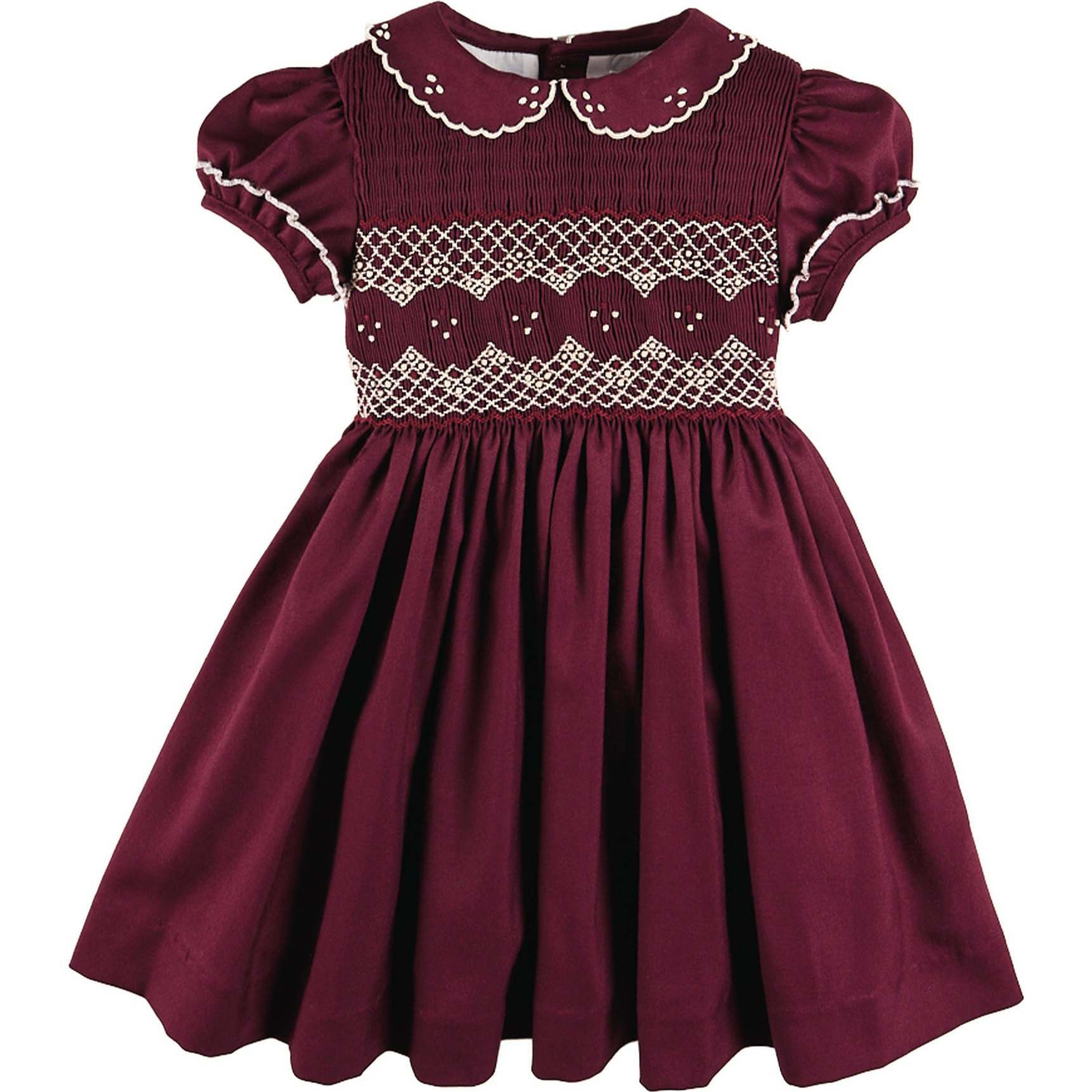 Hand Smocked Peter Pan Collar Short Sleeve Dress, Burgundy | Maisonette