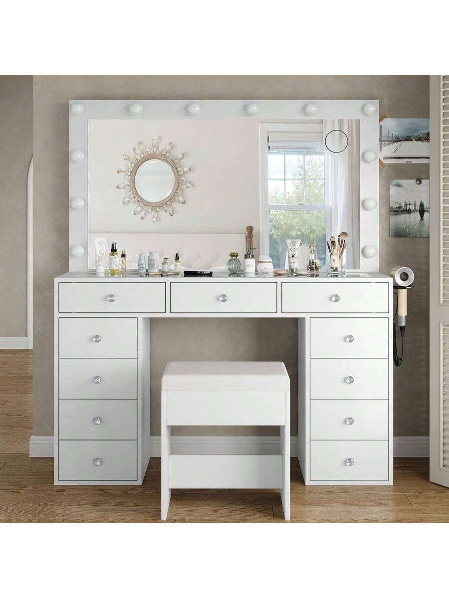 FUSOU Vanity Desk & Power Outl, Makeup Vanity With Mirror And 12 LED Lights, Makeup Table With 11... | SHEIN