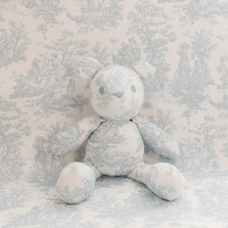 Baby Blue Toile Bear Toy Name Embroidered Custom Baby Shower Gift Nursery Boy - Etsy | Etsy (US)