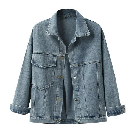 Mnjin Women s Jean Jacket Vintage Denim Jacket For Women Button Down Long Sleeve Jean Coat Outerwear With Pocket (Blue Size 2XL) | Walmart (US)