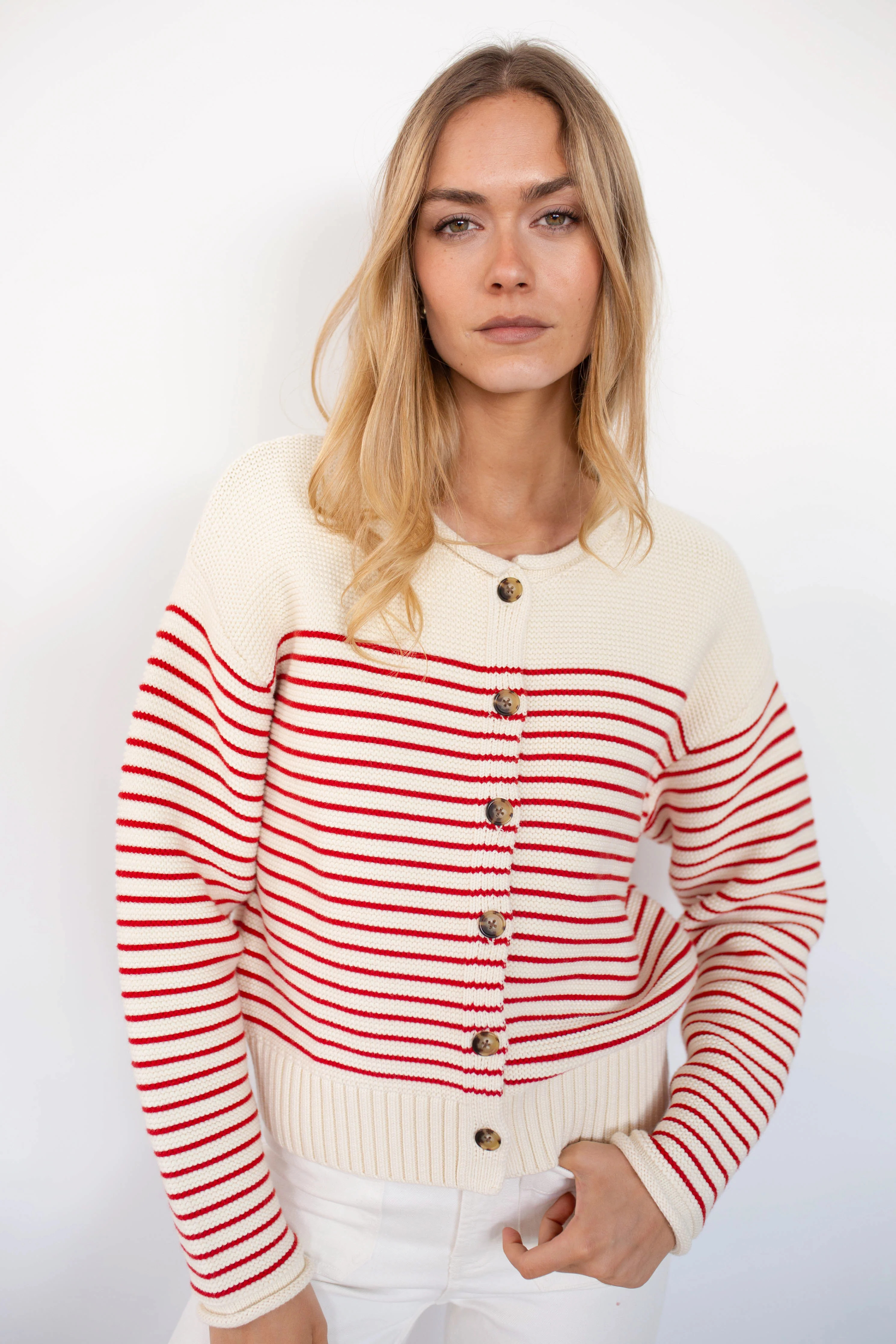 Martha Cardigan - Ivory/Red Stripe | Marea