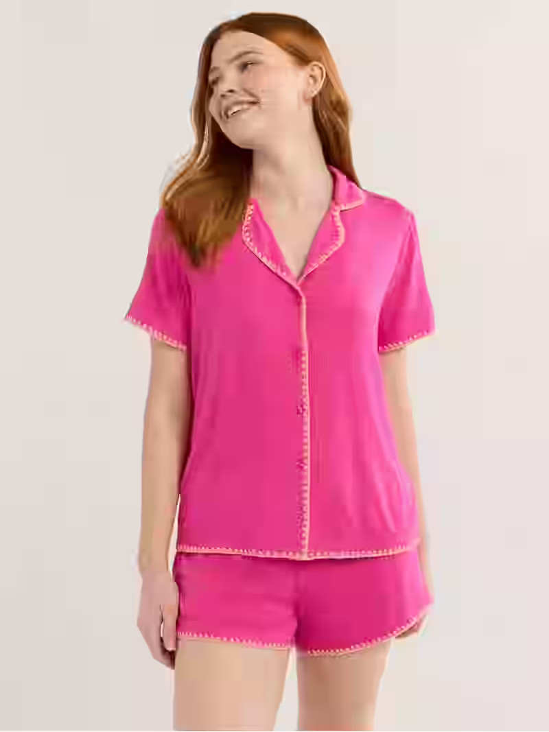 Joyspun Women’s Short Sleeve Notch Top and Shorts Pajama Set with Blanket Stitching, Sizes XS-3... | Walmart (US)