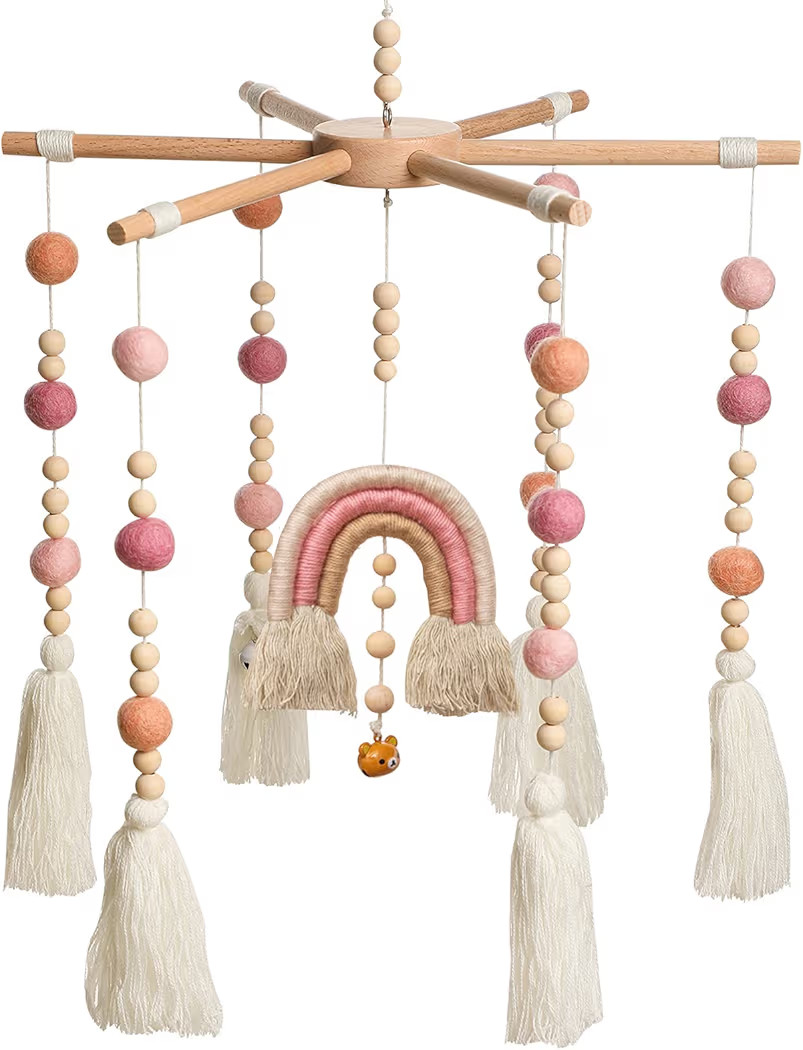 Baby Crib Mobile,Crib Mobile Wooden Mobile with Colorful Cotton Ball Wool Felt Ball Boho Baby Mob... | Amazon (US)