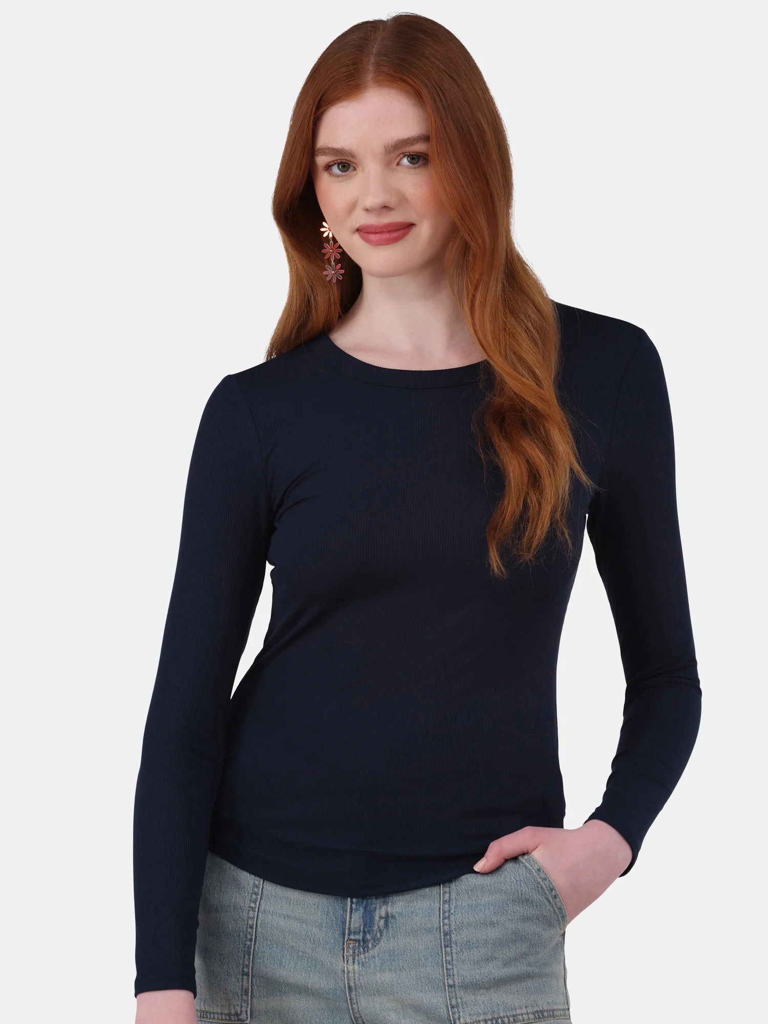No Boundaries Crewneck Ribbed Tee with Long-Sleeves, Women's and Women’s Plus | Walmart (US)
