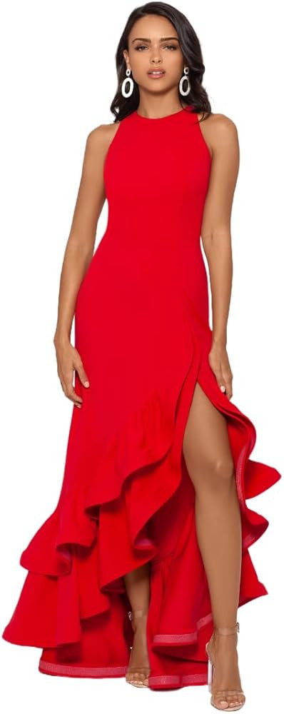 Betsy & Adam Women's Long Halter Crepe Tiered Ruffle Gown | Amazon (US)