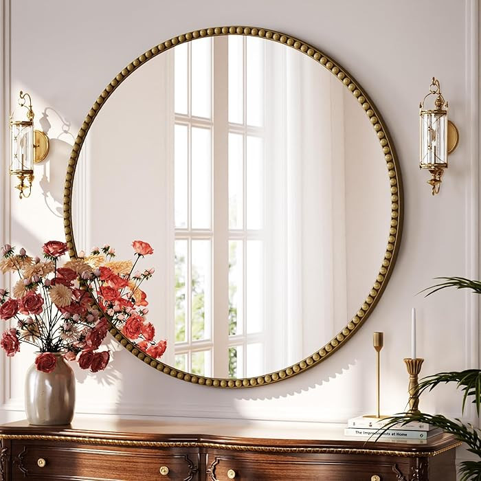 36 Inch Round Bathroom Mirror - Luxurious and Retro Beaded Circle Decorative Wall Mirror with PU ... | Amazon (US)